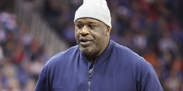 Shaquille ONeal attends the Big 12 basketball tournament championship game between the Texas Longhorns and Kansas Jayhawks on March 11, 2023 at T-Mobile Center in Kansas City, MO.