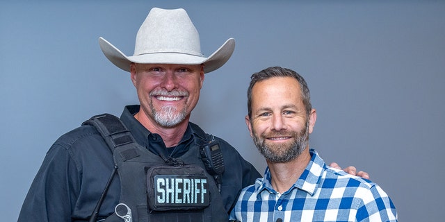 Sheriff Mark Lamb, at left, along with actor-writer Kirk Cameron, at the "Freedom Island" book event in Scottsdale, Arizona, on Friday, April 14. "There was an energy in the air that we hadn't felt before at any other story hour," said a Brave Books spokesperson. Lamb has announced a Senate run. 