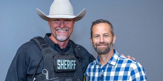 Sheriff Mark Lamb, at left, along with actor-writer Kirk Cameron, at the "Freedom Island" book event in Scottsdale, Arizona, on Friday, April 14. "There was an energy in the air that we hadn't felt before at any other story hour," said a Brave Books spokesperson. Lamb has announced a Senate run.