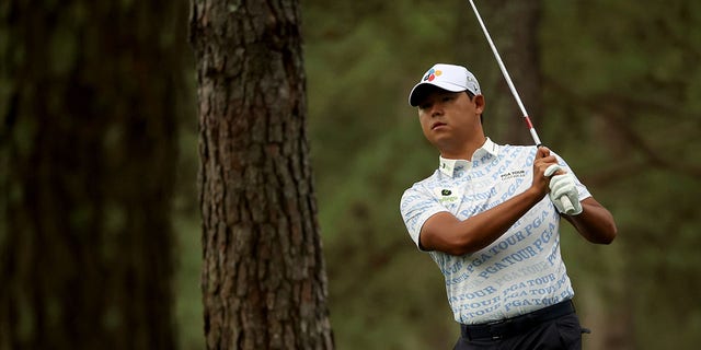 Si Woo Kim of South Korea plays a shot on the first hole during the second round of the 2023 Masters Tournament at Augusta National Golf Club on April 07, 2023, in Augusta, Georgia.