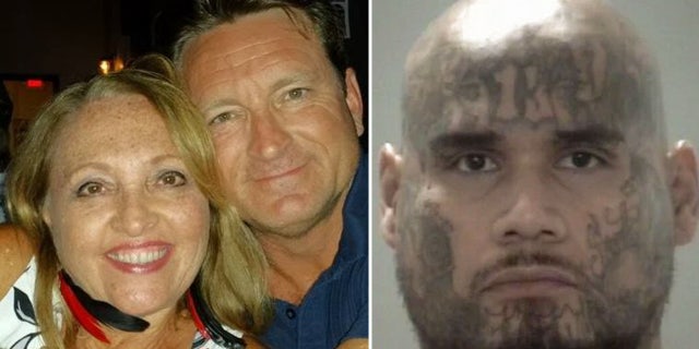 Kathy and Randall Cooke next to a booking photo of Oscar Solis.