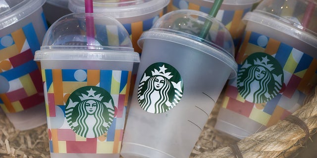 Starbucks Coffee logo is seen on cups at the cafe in Krakow, Poland, on Sept. 13, 2022.