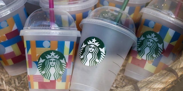 Starbucks Coffee logo is seen on cups at the cafe in Krakow, Poland, on Sept. 13, 2022.