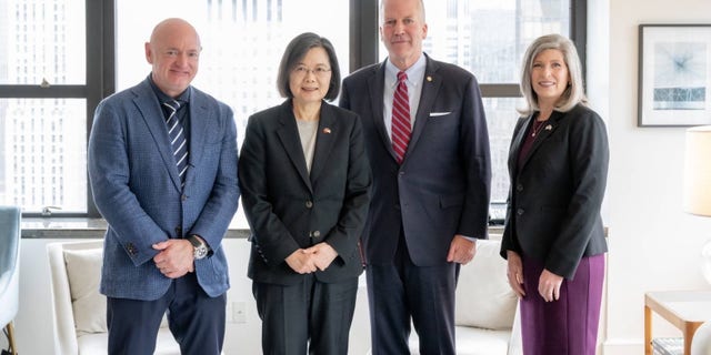 Sens. Mark Kelly, left, Dan Sullivan and Joni Ernst, right, are shown with Taiwanese President Tsai Ing-wen in New York.