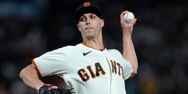 Taylor Rogers of the Giants pitches against the Los Angeles Dodgers at Oracle Park on April 10, 2023, in San Francisco.
