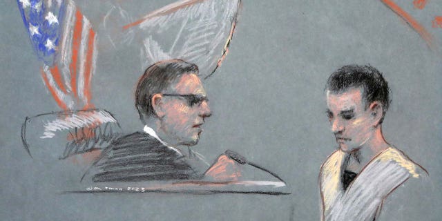 Jack Douglas Teixeira, a U.S. Air Force National Guard airman accused of leaking highly classified military intelligence records online, makes his initial appearance before a federal judge in Boston, Massachusetts, U.S. April 14, 2023 in a courtroom sketch.