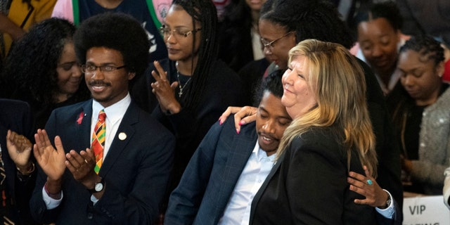 Expelled Rep. Justin Pearson, D-Memphis, from left, expelled Rep. Justin Jones, D-Nashville, and Rep. Gloria Johnson, D-Knoxville, are recognized by the audience at Fisk University before Vice President Kamala Harris arrives, Friday, April 7, 2023, in Nashville, Tenn. 