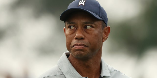 Tiger Woods looks on during a practice round prior to the 2023 Masters Tournament at Augusta National Golf Club on April 4, 2023 in Augusta, Georgia.