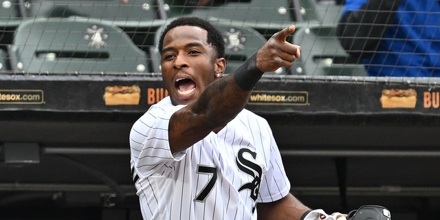 Tim Anderson of the Chicago White Sox shouts at the umpires after being thrown out of a game in the third inning against the San Francisco Giants at Guaranteed Rate Field April 5, 2023, in Chicago.