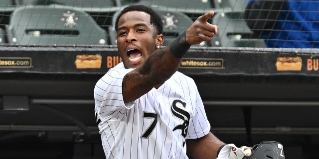 Tim Anderson of the Chicago White Sox shouts at the umpires after being thrown out of a game in the third inning against the San Francisco Giants at Guaranteed Rate Field April 5, 2023, in Chicago.