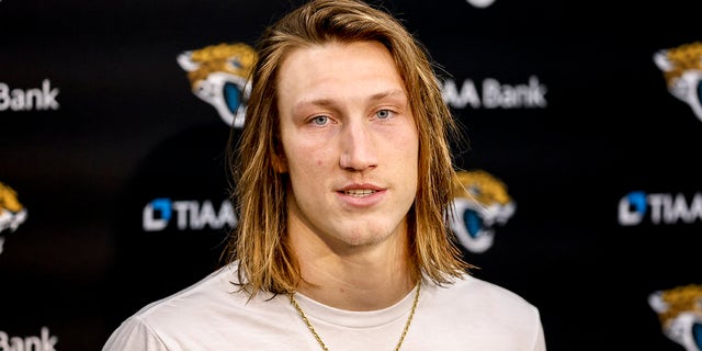 Jaguars quarterback Trevor Lawrence speaks to the media after winning the AFC Wild Card Playoff game against the Los Angeles Chargers at TIAA Bank Field on January 14, 2023 in Jacksonville, Florida .