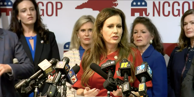 North Carolina state Rep. Tricia Cotham announces she's leaving the Democratic Party and becoming a Republican at the North Carolina GOP headquarters in Raleigh, April 5, 2023.