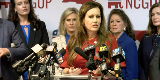 North Carolina state Rep. Tricia Cotham announces she's leaving the Democratic Party and becoming a Republican at the North Carolina GOP headquarters in Raleigh, April 5, 2023.