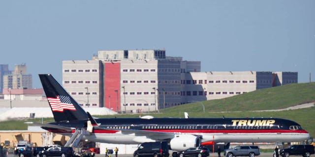 Former President Donald Trump's plane sits on the tarmac at LaGuardia Airport, Monday, April 3, 2023, in New York.