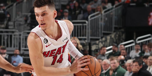 Tyler Herro #14 of the Miami Heat dribbles the ball during the game against the Milwaukee Bucks during Round One Game One of the 2023 NBA Playoffs on April 16, 2023 at the Fiserv Forum Center in Milwaukee, Wisconsin.