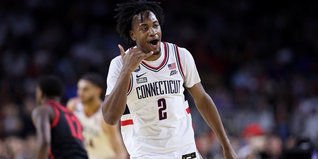 Tristen Newton #2 of the Connecticut Huskies reacts during the first half San Diego State Aztecs during the NCAA Men's Basketball Tournament National Championship game at NRG Stadium on April 03, 2023 in Houston, Texas.