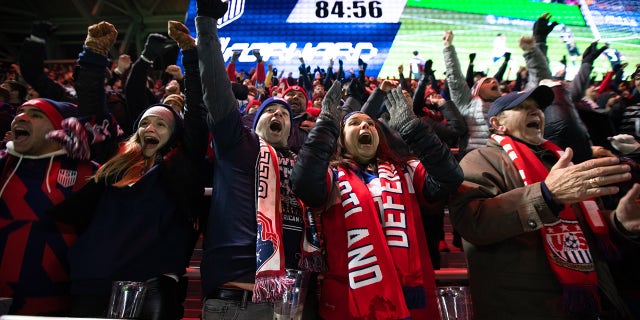 Fans celebrate the U.S. Men's National Team's second goal during a game between Mexico and USMNT at TQL Stadium on Nov. 12, 2021 in Cincinnati.