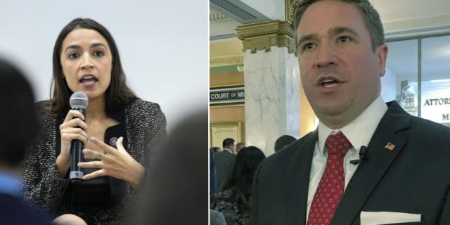 Missouri Attorney General Andrew Bailey and Rep. Alexandria Ocasio-Cortez.