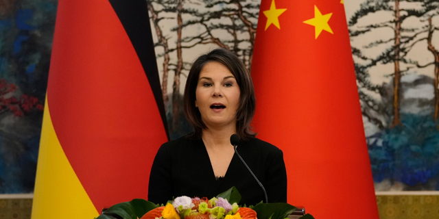 German Foreign Minister Annalena Baerbock speaks during a joint press conference with Chinese Foreign Minister Qin Gang (not pictured) at the Diaoyutai State Guesthouse on April 14, 2023 in Beijing, China.