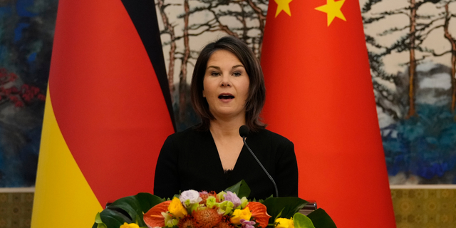 German Foreign Minister Annalena Baerbock speaks during a joint press conference with Chinese Foreign Minister Qin Gang (not pictured) at the Diaoyutai State Guesthouse on April 14, 2023 in Beijing, China.