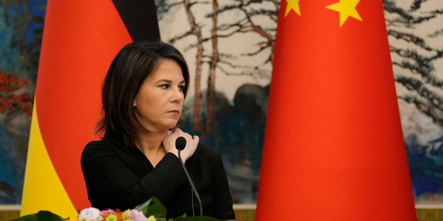 German Foreign Minister Annalena Baerbock attends a joint press conference with Chinese Foreign Minister Qin Gang (not pictured) at the Diaoyutai State Guesthouse on April 14, 2023, in Beijing, China. 
