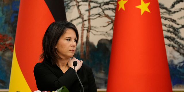 German Foreign Minister Annalena Baerbock attends a joint press conference with Chinese Foreign Minister Qin Gang (not pictured) at the Diaoyutai State Guesthouse on April 14, 2023, in Beijing, China.