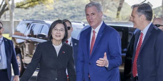 House Speaker Kevin McCarthy, R-Calif., second from right, welcomes Taiwanese President Tsai Ing-wen as she arrives at the Ronald Reagan Presidential Library in Simi Valley, Calif., Wednesday, April 5, 2023. 