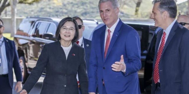 House Speaker Kevin McCarthy, R-Calif., second from right, welcomes Taiwanese President Tsai Ing-wen as she arrives at the Ronald Reagan Presidential Library in Simi Valley, Calif., Wednesday, April 5, 2023.