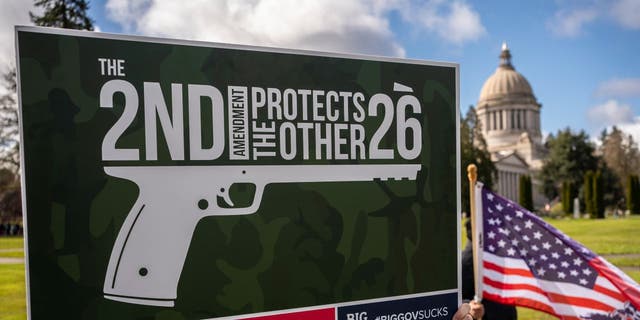 Demonstrators gather for a Second Amendment rally at the Washington State Capitol on March 20, 2021 in Olympia, Washington. 