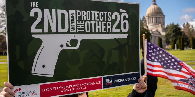 Demonstrators gather for a Second Amendment rally at the Washington State Capitol on March 20, 2021 in Olympia, Washington.Â