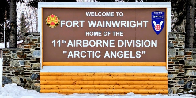 A sign at the main entry point to U.S. Army Garrison Alaska Fort Wainwright