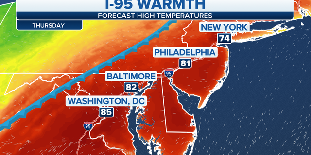 High temperatures are forecast on I-95 on Thursday