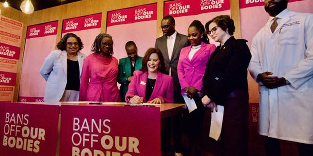Democratic Michigan Gov. Gretchen Whitmer signed in to law a bill (not pictured) tightening background check and storage requirements for firearms.
