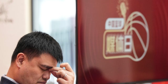 President of the Chinese Basketball Association Yao Ming reacts during media day on April 7, 2023, in Beijing.