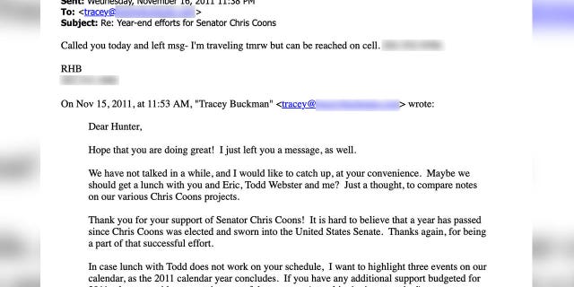 Sen. Coons finance director email to Hunter Biden