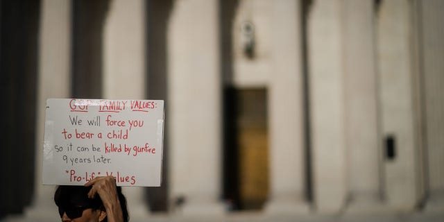 Abortion rights protesters gather outside the Supreme Court of the United States on Friday, April 21, 2023 in Washington, DC.