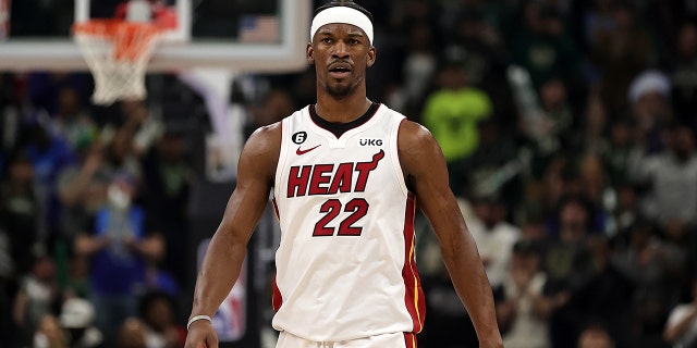 Jimmy Butler #22 of the Miami Heat runs backcourt during the first half of an Eastern Conference first round playoff game against the Milwaukee Bucks at Fiserve Forum on April 16, 2023 in Milwaukee, Wisconsin.