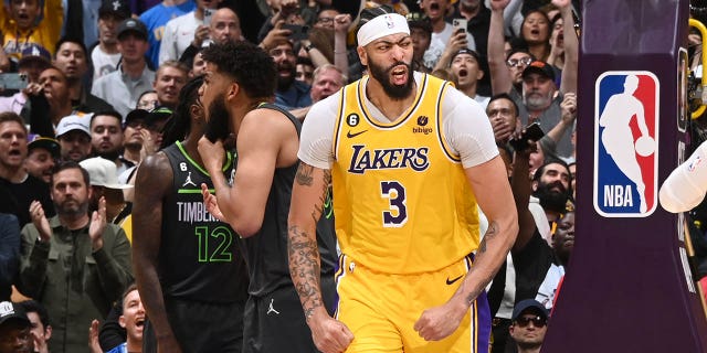 Anthony Davis #3 of the Los Angeles Lakers celebrates during the 2023 Play-In Tournament on April 11, 2023, at Crypto.Com Arena in Los Angeles, California.