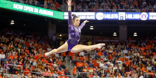 Elena Arenas of LSU competes on the balance beam during a gymnastics meet against Auburn at Neville Arena on February 10, 2023 in Auburn, Alabama.