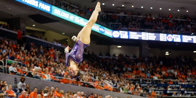 Elena Arenas of LSU competes on the vault during a gymnastics meet against Auburn at Neville Arena on February 10, 2023 in Auburn, Alabama.