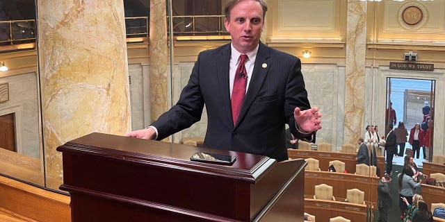 Republican Arkansas House Speaker Matthew Shepherd fields reporters questions as the states legislative session draws to a close.