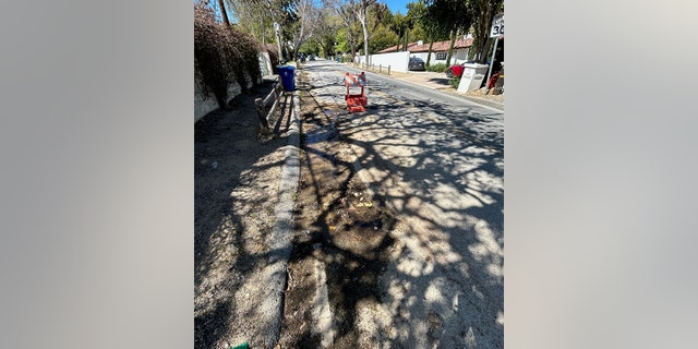 In a picture taken by Arnold Schwarzenegger and obtained by Fox News Digital, a hazard sign can be seen in the middle of the road, next to one of the potholes.