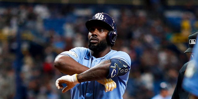 Randy Arozarena of the Tampa Bay Rays celebrates after hitting a home run during the eighth inning against the Oakland Athletics at Tropicana Field April 8, 2023, in St Petersburg, Fla. 