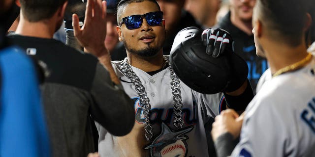 Luis Arraez of the Miami Marlins celebrates after hitting a solo home against the Phillies at Citizens Bank Park on April 11, 2023, in Philadelphia.