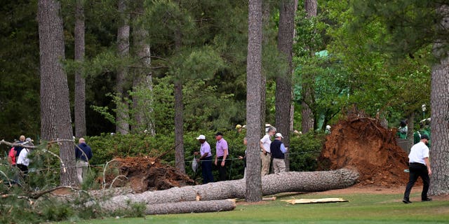 Course officials look over fallen trees on the 17th hole during the second round of the 2023 Masters Tournament at Augusta National Golf Club in Augusta, Georgia, on Friday.