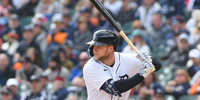 Austin Meadows, #17 of the Detroit Tigers, bats during the Opening Day game against the Boston Red Sox at Comerica Park on April 6, 2023, in Detroit, Michigan. The Red Sox defeated the Tigers 6-3.