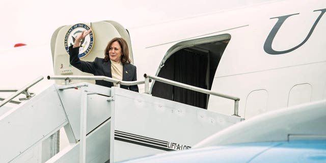 Vice President Kamala Harris departs Chattanooga Metropolitan Airport in Chattanooga, Tennessee, Thursday, April 6, 2023.