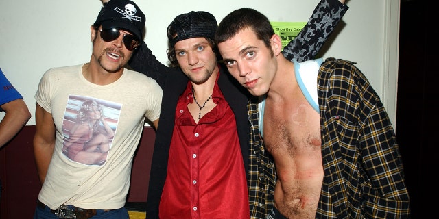 Bam Margera poses with Johnny Knoxville and Steve-O at MTV Video Awards