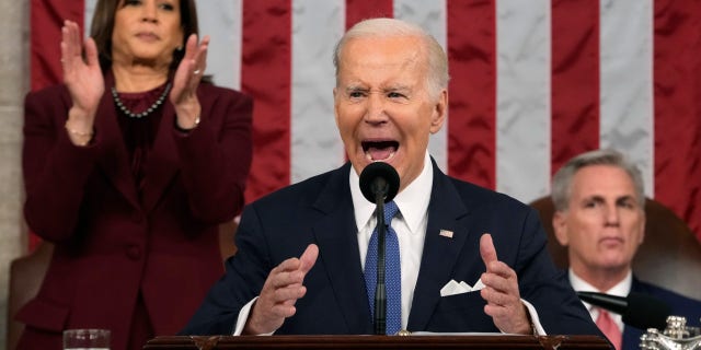 U.S. President Joe Biden delivers the State of the Union address to a joint session of Congress as Vice President Kamala Harris and House Speaker Kevin McCarthy (R-CA) listen