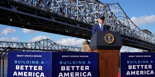 President Joe Biden speaks about his infrastructure agenda under the Clay Wade Bailey Bridge on Jan. 4, 2023, in Covington, Kentucky. The Biden administration is ending a three-week push highlighting the benefits of infrastructure investments in local communities.